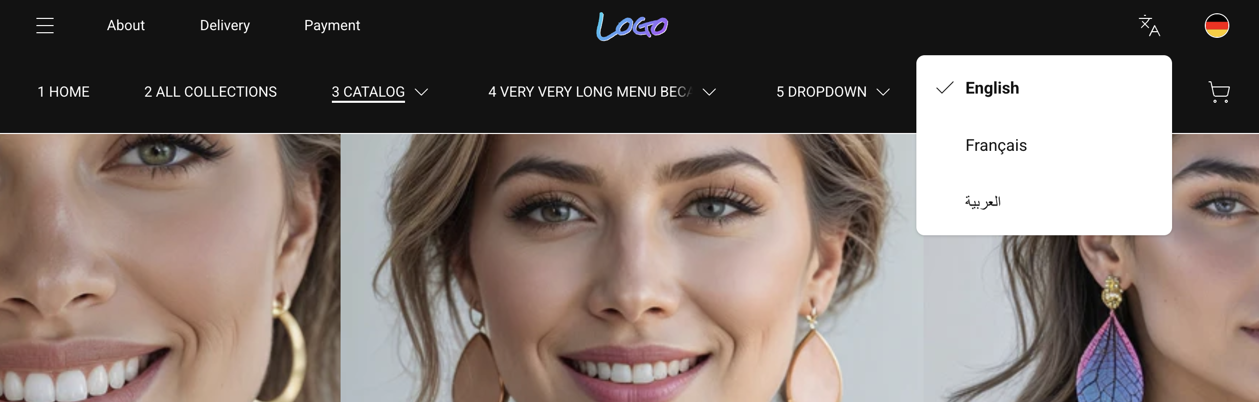 Shopify header with two-row layout in LTR mode: navigation bar with logo centered, overflow menu items collapsed into "More" bucket, search and cart icons on the trailing edge — English storefront.