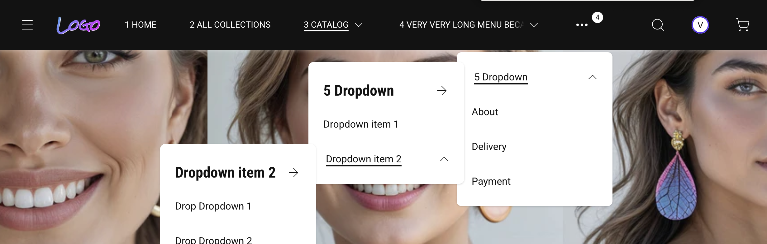 Shopify single-row header in LTR layout: language switcher dropdown open to the right with English selected, navigation items left-aligned, logo centered — clean one-strip header in English storefront.