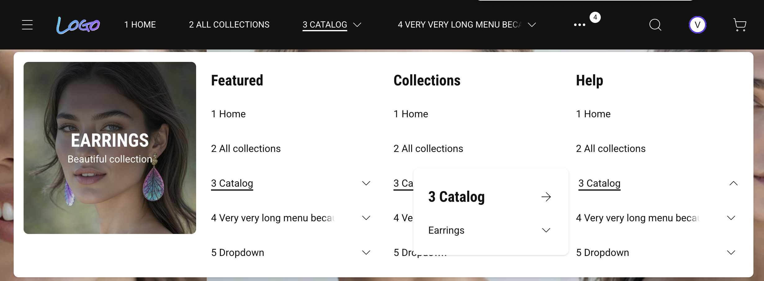 Shopify mega-menu with structured navigation links and a promotional surface in the same dropdown — no extra apps required.