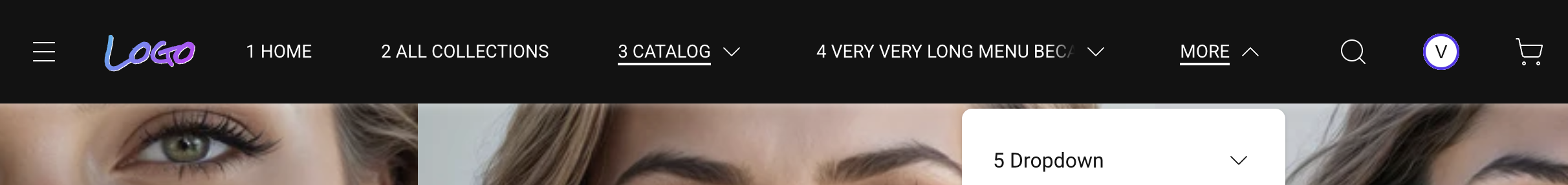Shopify navigation bar with overflow menu items collapsed into a single "More" dropdown — one calm line on desktop regardless of catalog size.