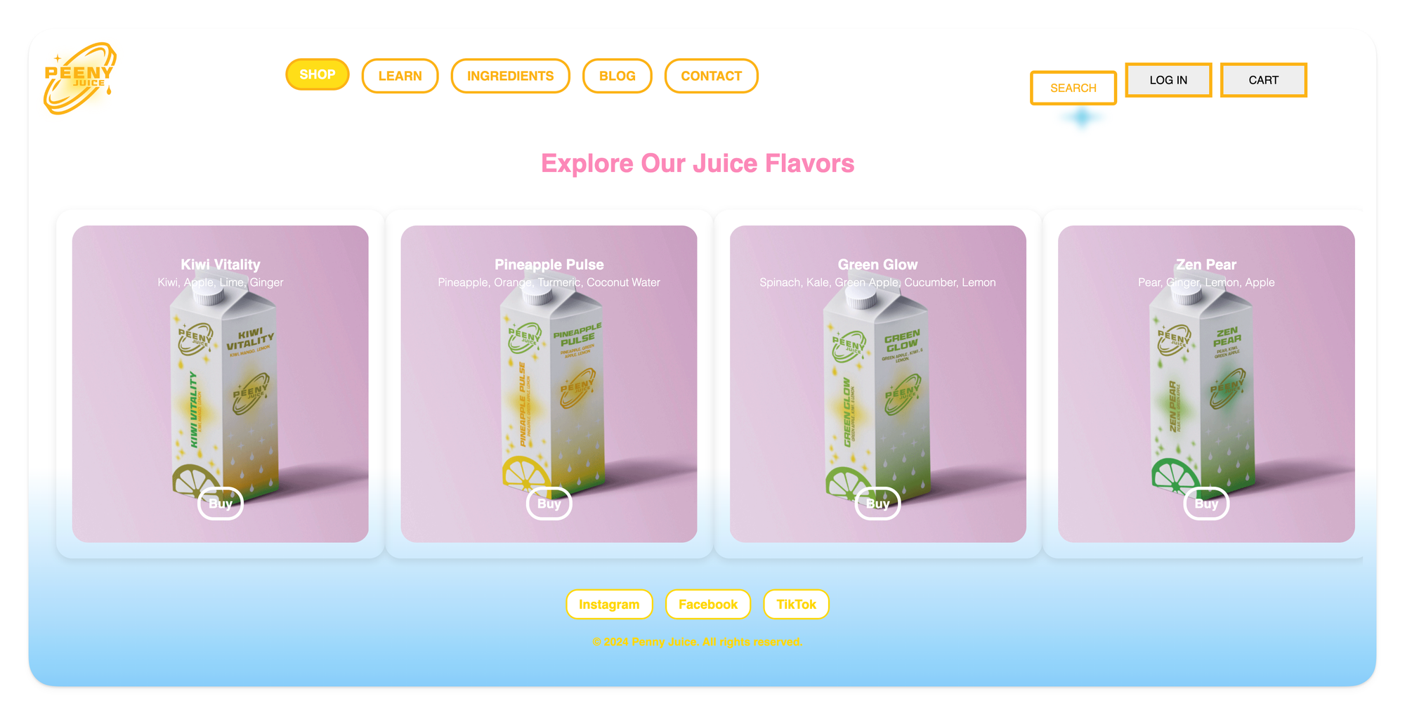 Penny Juice shop page — yellow navigation on white background with low color contrast, failing WCAG AA