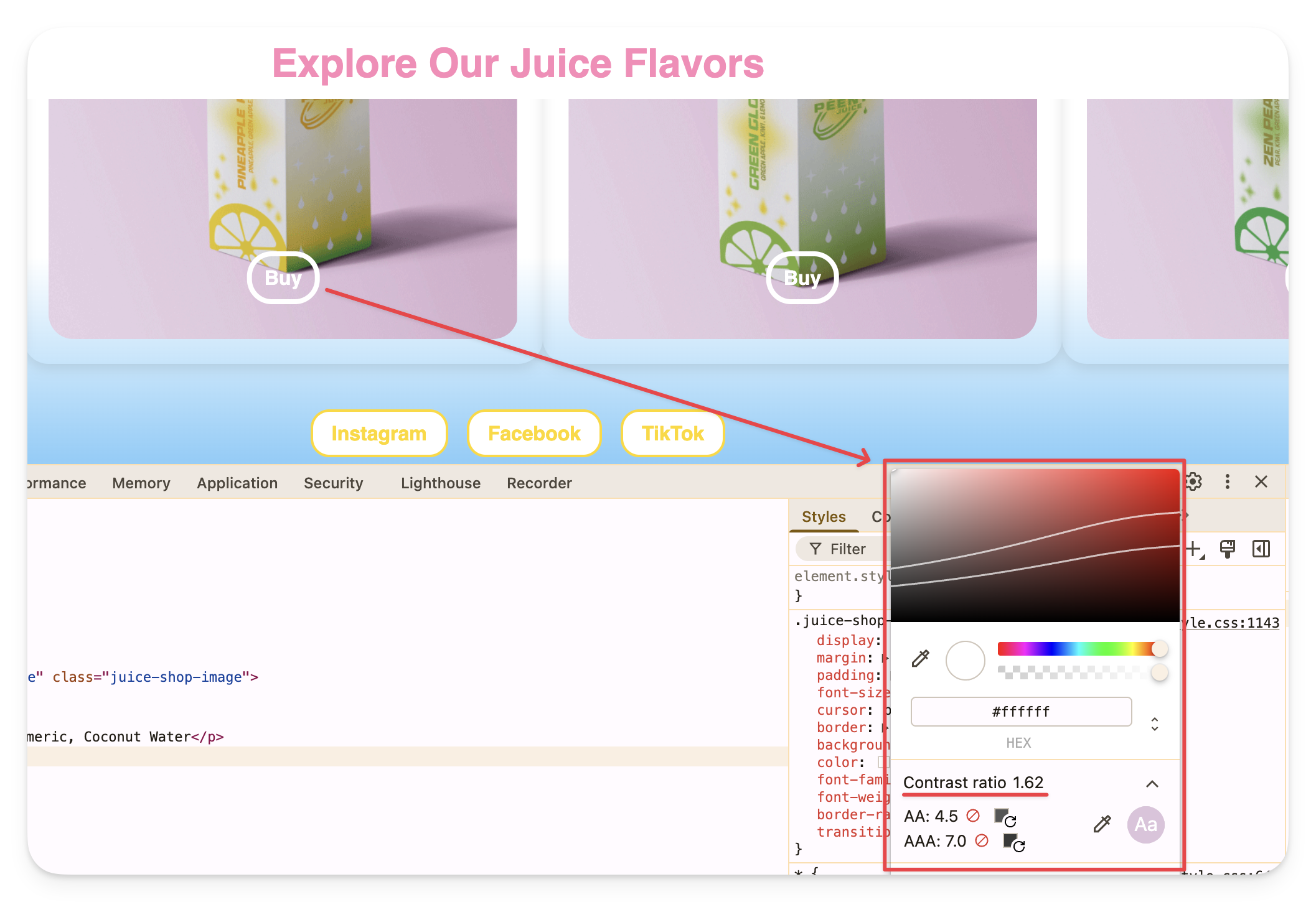 Chrome DevTools showing contrast ratio 1.62 on Penny Juice "Buy" button — fails WCAG AA requirement of 4.5
